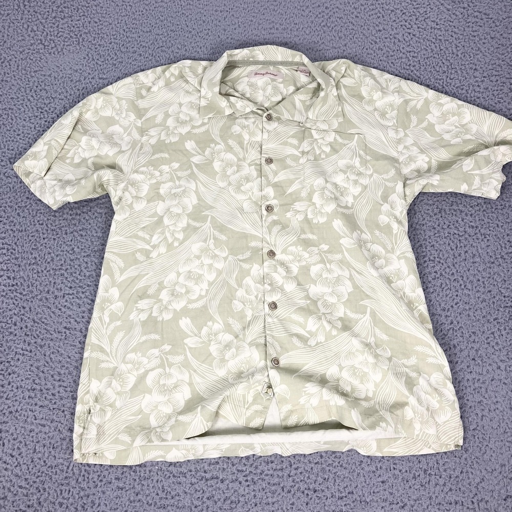 Tommy‎ Bahama Shirt Mens Large Green Silk Hawaiian Floral Short Sleeve Camp